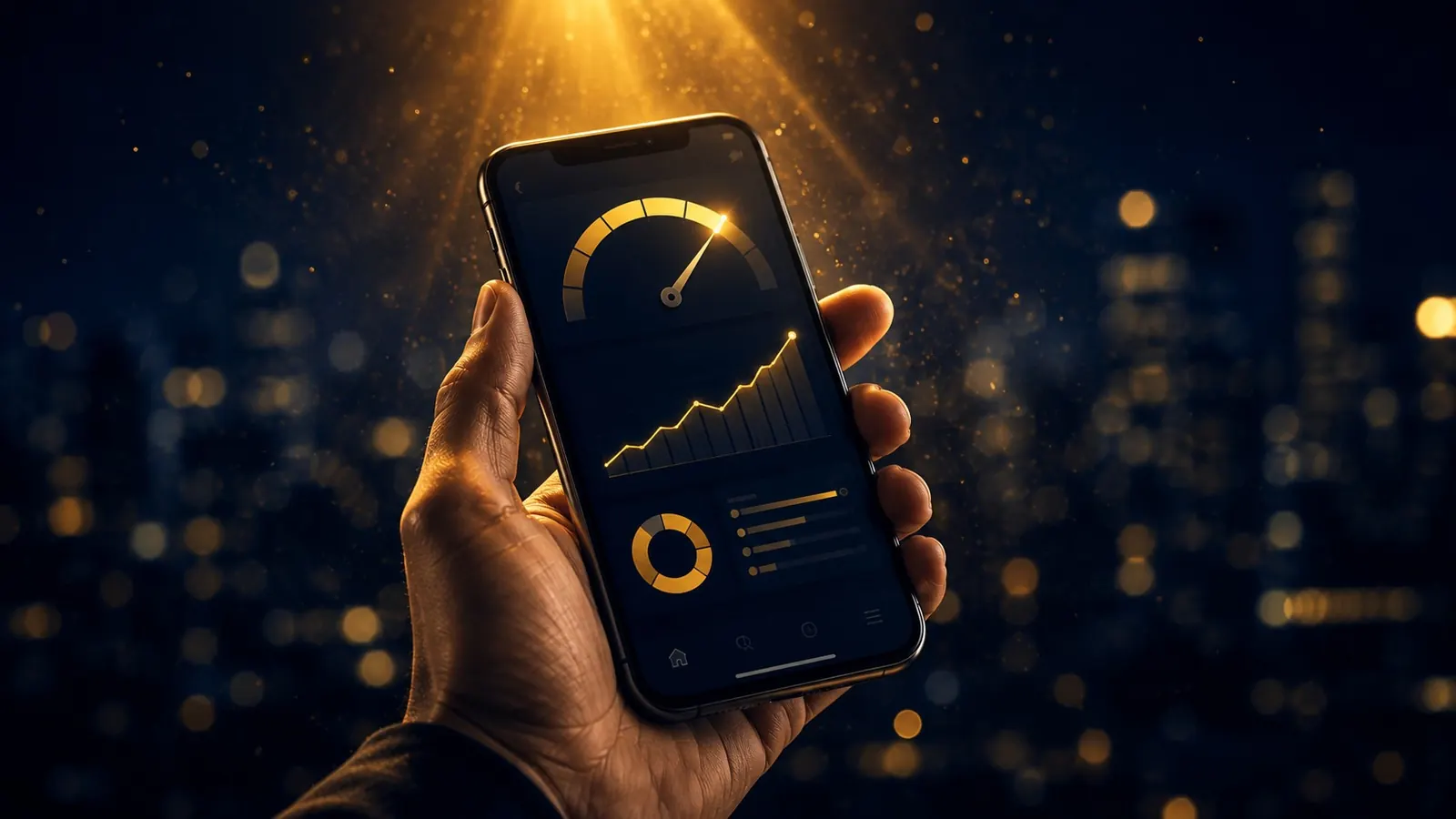 Mano sosteniendo celular con dashboard de credit score iluminado sobre skyline