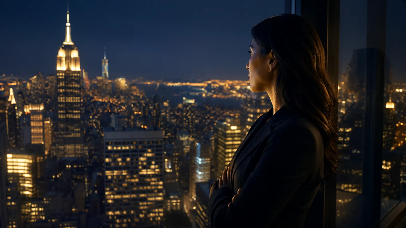 Mujer latina mirando el skyline de Nueva York pensando en su futuro financiero